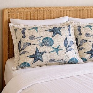 Pottery Barn KING Sham Starfish Sea Shells Blue White Coastal Beach Cotton NWOT
